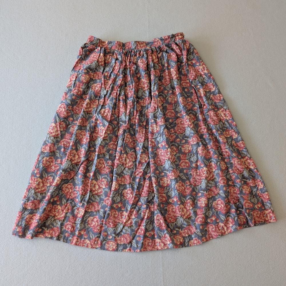 Vintage 80s 90s Muted Blue Floral Prairie Skirt Cottage Core Romantic Midi Sz S
